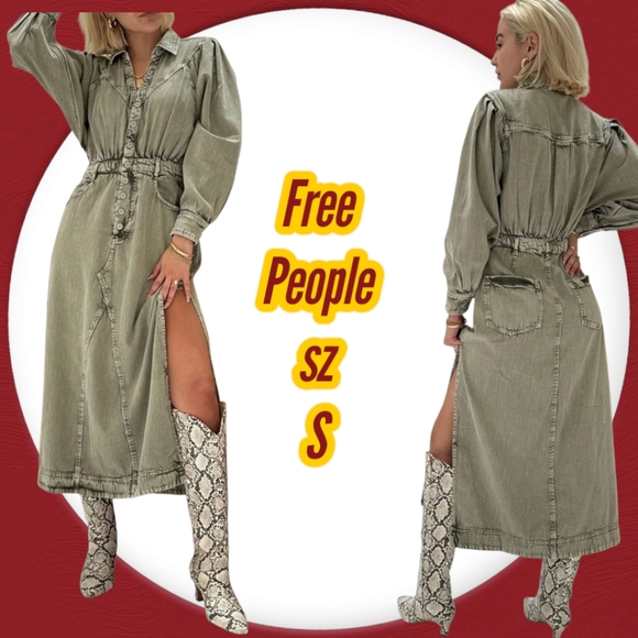 Free People Green Denim Midi Dress NWT sz S - Picture 2 of 9